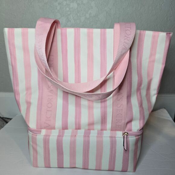 Victoria Secret Pink Cooler Bag Tote White Striped Zipper Insulated New W/ Tags - Picture 3 of 10